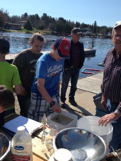 students at the dock helping stir the fertilized eggs before being transferred to the hatchery containers